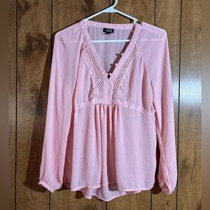 a.n.a Blush Pink Lace-Trim V-Neck Long Sleeve Blouse